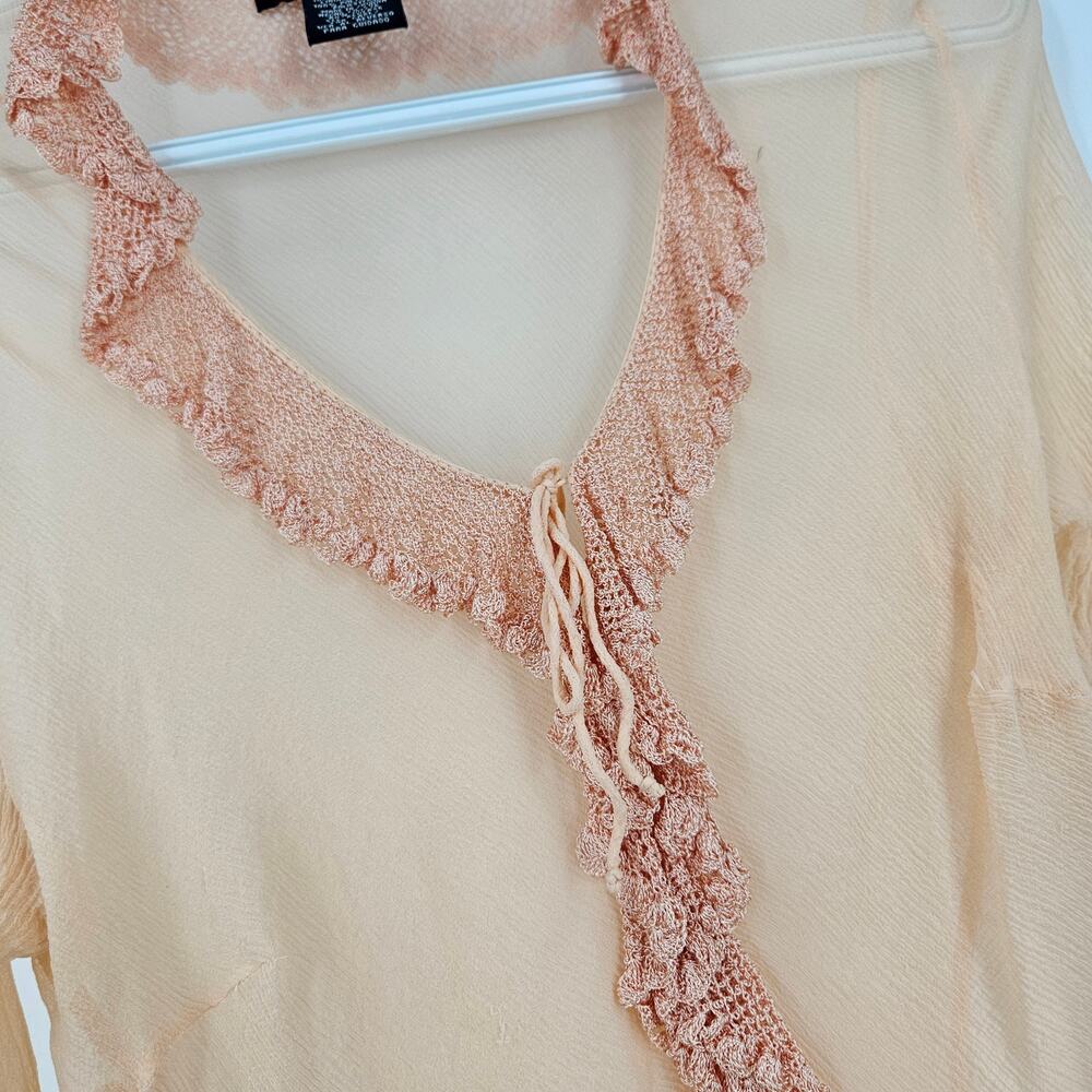 Vintage y2k ECI Blouse Top Orange 100% Silk Mesh Sheer Ruffle Crochet Size L - Picture 4 of 6
